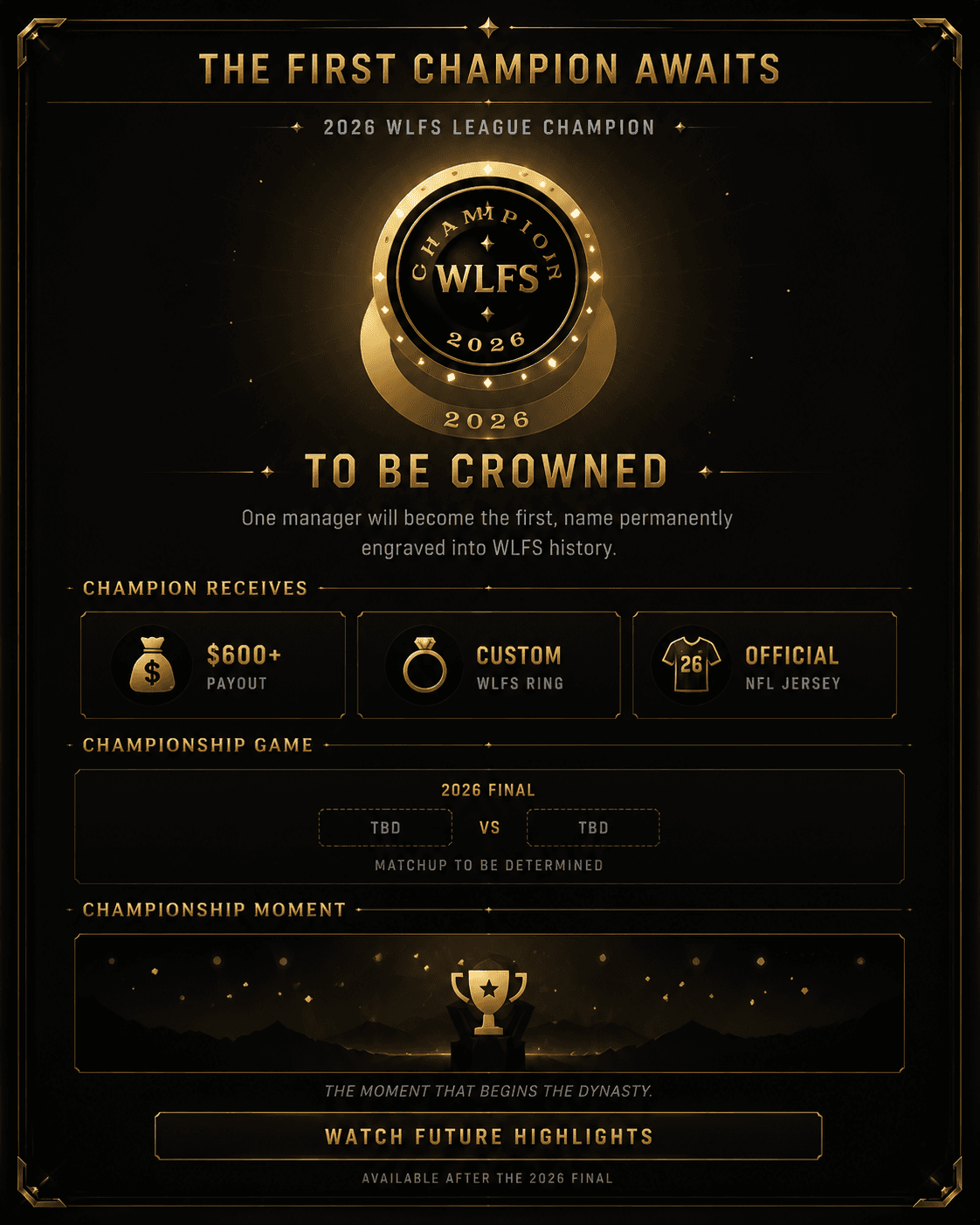 The First Champion Awaits — dynasty milestones, championship rewards, game, and moment