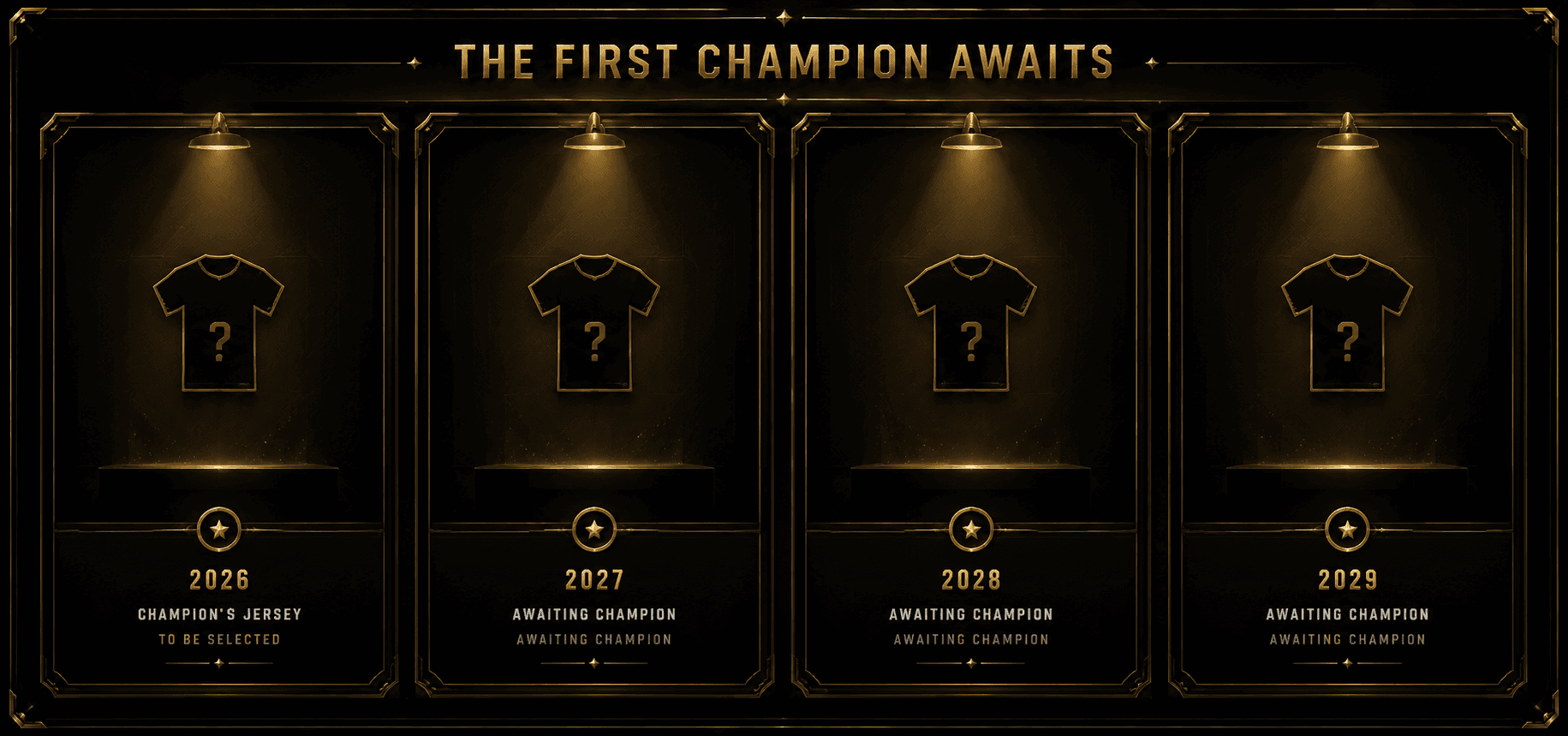 Championship jersey wall — inaugural seasons 2026 through 2029